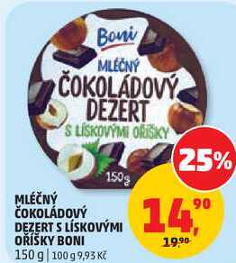 MLEČNÝ ČOKOLÁDOVÝ DEZERT S LÍSKOVÝMI OŘÍŠKY BONI, 150 g