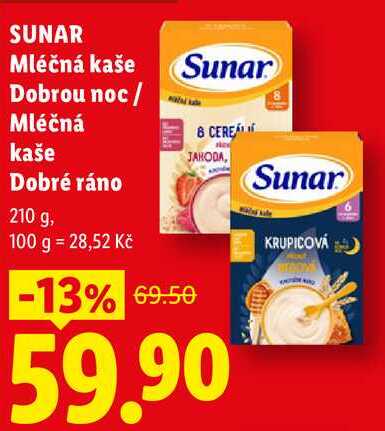SUNAR Mléčná kaše Sunar Dobrou noc / Mléčná kaše Dobré ráno, 210 g Lidl