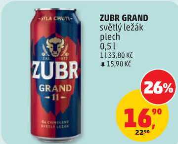 ZUBR GRAND světlý ležák plech, 0,5 l