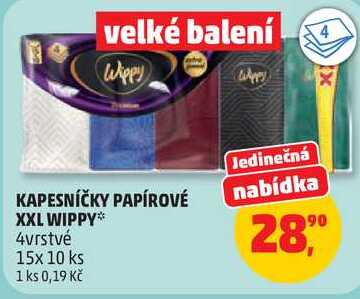 KAPESNÍČKY PAPÍROVÉ nabídka XXL WIPPY 4vrstvé, 15x 10 ks Penny Market