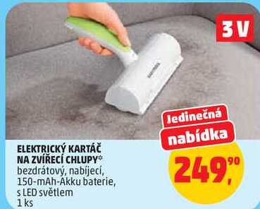 ELEKTRICKÝ KARTÁČ NA ZVÍŘECÍ CHLUPY bezdrátový, nabíjecí, 150-mAh-Akku baterie, s LED světlem, 1 ks 