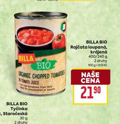 BILLA BIO Rajčata loupaná, krájená 400/240 g