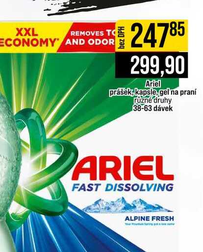 Ariel prášek, kapsle, gel na praní různé druhy 38-63 dávek