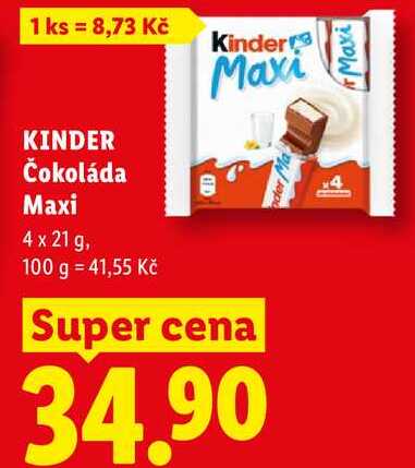 KINDER Čokoláda Maxi, 4 x 21 g