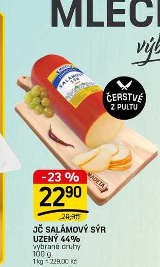 JČ SALÁMOVÝ SÝR UZENÝ 44% vybrané druhy 100 g 
