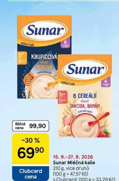 Sunar Mléčná kaše, 210 g, více druhů Tesco