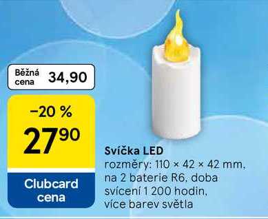 Svíčka LED rozměry: 110 x 42 × 42 mm, na 2 baterie R6, doba: svícení 1 200 hodin. více barev světla Tesco