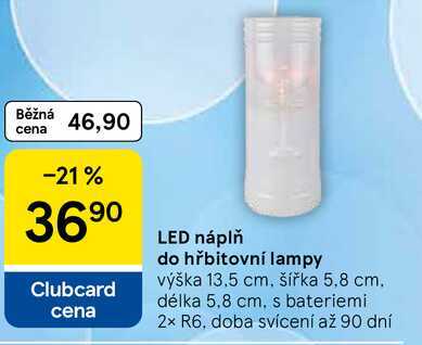 LED náplň do hřbitovní lampy, výška 13,5 cm, šířka 5,8 cm. délka 5,8 cm, s bateriemi 2x R6, doba Tesco