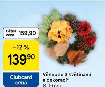 Věnec se 3 květinami a dekorací, průměr 36 cm Tesco