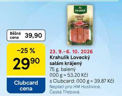Krahulík Lovecký salám krájený, 75 g, balený