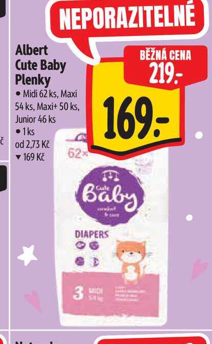 Albert Cute Baby Plenky Midi 62 ks, Maxi 54 ks, Maxi+ 50 ks, Junior 46 ks Albert