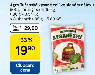 Agro Tuřanské kysané zelí ve slaném nálevu, 500 g. pevný podíl 350 g  