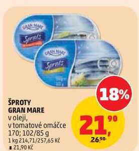 ŠPROTY GRAN MARE v oleji, vtomatové omáčce, 170; 102/85 g