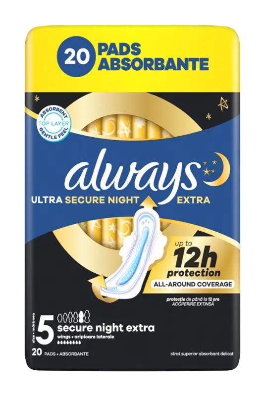 Always Hygienické vložky Ultra Secure Night Extra s křidélky vel. 5, 20 ks ROSSMANN