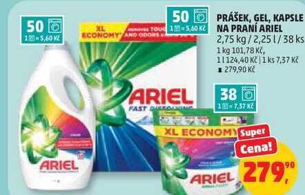 PRÁŠEK, GEL, KAPSLE NA PRANÍ ARIEL, 2,75 kg/2,25 l/38 ks