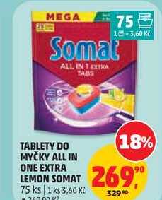 TABLETY DO MYČKY ALL IN ONE EXTRA LEMON SOMAT, 75 ks Penny Market