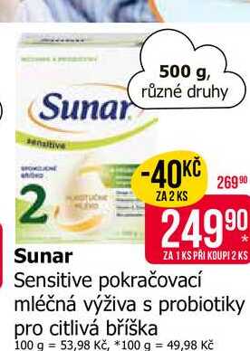 Sunar Sensitive pokračovací mléčná výživa s probiotiky pro citlivá bříška 500 g Teta drogerie
