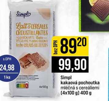 Simpl kakaová pochoutka mléčná s cereáliemi (4x100 g) 400 g