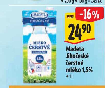 Madeta Jihočeské čerstvé mléko 1,5%  1 l