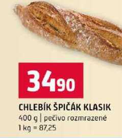 CHLEBÍK ŠPIČÁK KLASIK 400 g pečivo rozmrazené