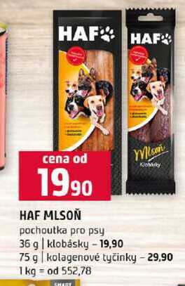 HAF MLSOŇ pochoutka pro psy 36 g klobásky 75 g kolagenové tyčinky