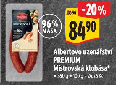 Albertovo uzenářství PREMIUM Mistrovská klobása, 350 g