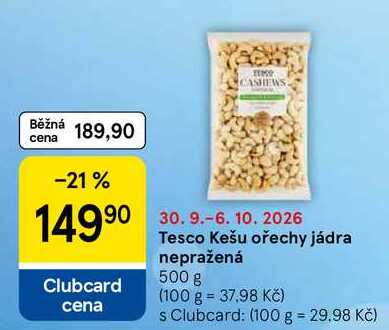 Tesco Kešu ořechy jádra nepražená, 500 g