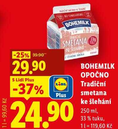 BOHEMILK OPOČNO Tradiční smetana ke šlehání, 250 ml 