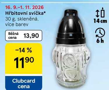 Hřbitovní svíčka, 30 g, skleněná, více barev Tesco
