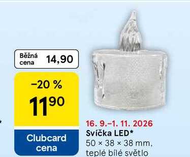 Svíčka LED, 50 x 38 x 38 mm, teplé bílé světlo Tesco