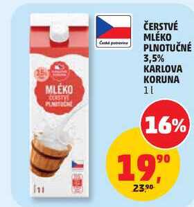 ČERSTVÉ MLÉKO PLNOTUČNÉ 3,5% KARLOVA KORUNA, 1 l 