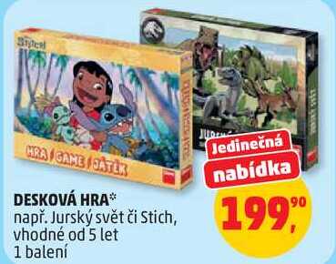 DESKOVÁ HRA např. Jurský svět či Stich, 1 balení Penny Market