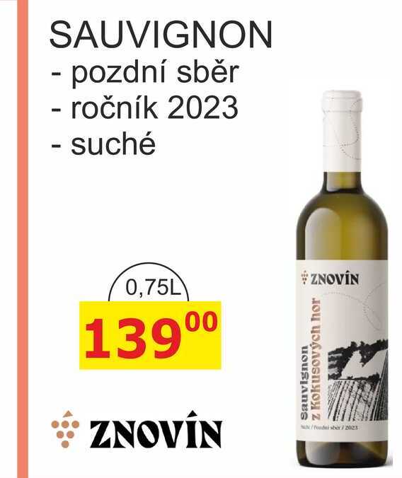 ZNOVÍN ZNOJMO 0,75L SAUVIGNON - pozdní sběr - ročník 2023, suché 