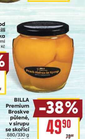 BILLA Premium Broskve půlené, v sirupu se skořicí 880/330 g 