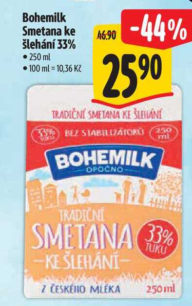 Bohemilk Smetana ke šlehání 33%  250 ml  v akci