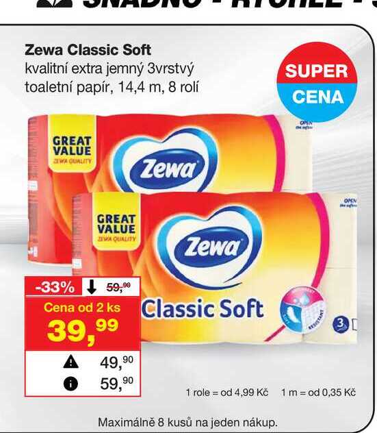 Zewa Classic Soft kvalitní extra jemný 3vrstvý SUPER toaletní papír, 14,4 m, 8 rolí Barvy a laky drogerie 