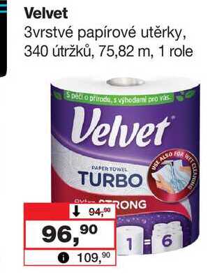 Velvet 3vrstvé papírové utěrky, 340 útržků, 75,82 m, 1 role