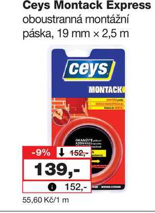 Ceys Montack Express oboustranná montážní páska, 19 mm x 2,5 m Barvy a laky drogerie 