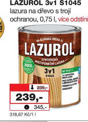 LAZUROL 3v1 S1045 lazura na dřevo s trojí ochranou, 0,75l Barvy a laky drogerie 