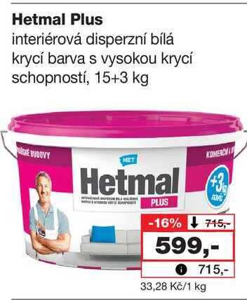 Hetmal Plus interiérová disperzní bílá krycí barva s vysokou krycí schopností, 15+3 kg