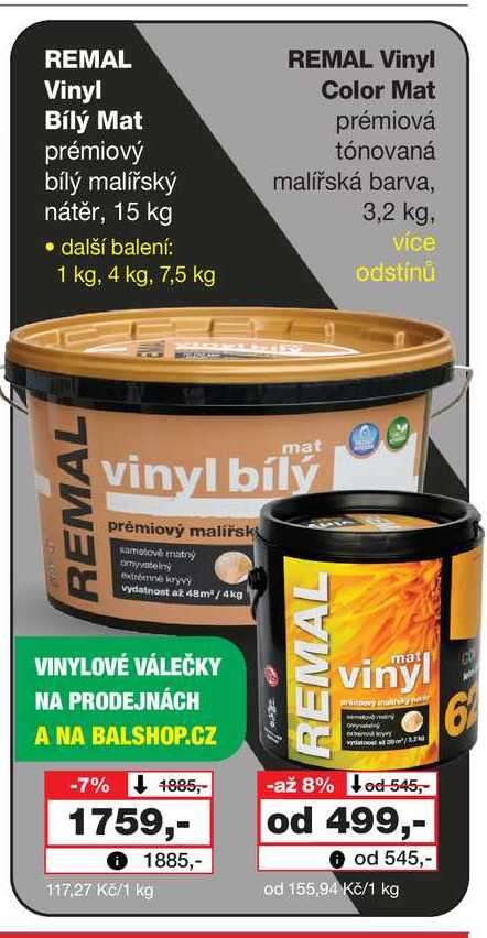 REMAL Vinyl Bílý Mat prémiový bílý malířský nátěr, 15 kg