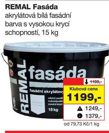REMAL Fasáda akrylátová bílá fasádní barva s vysokou krycí schopností, 15 kg