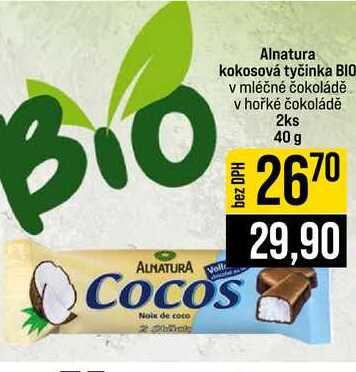 Alnatura kokosová tyčinka BIO v mléčné čokoládě v hořké čokoládě 2ks 40 g