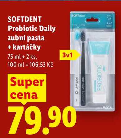 SOFTDENT Probiotic Daily zubní pasta + kartáčky, 75 ml + 2 ks Lidl