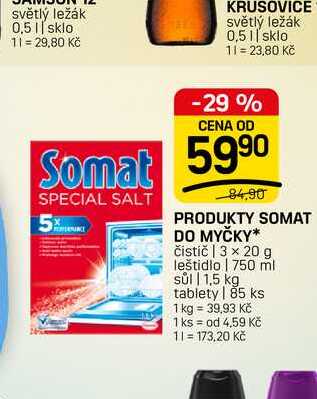 SOMAT DO MYČKY* čistič | 3 x 20 g leštidlo | 750 ml sůl 1,5 kg tablety | 85 ks FLOP TOP