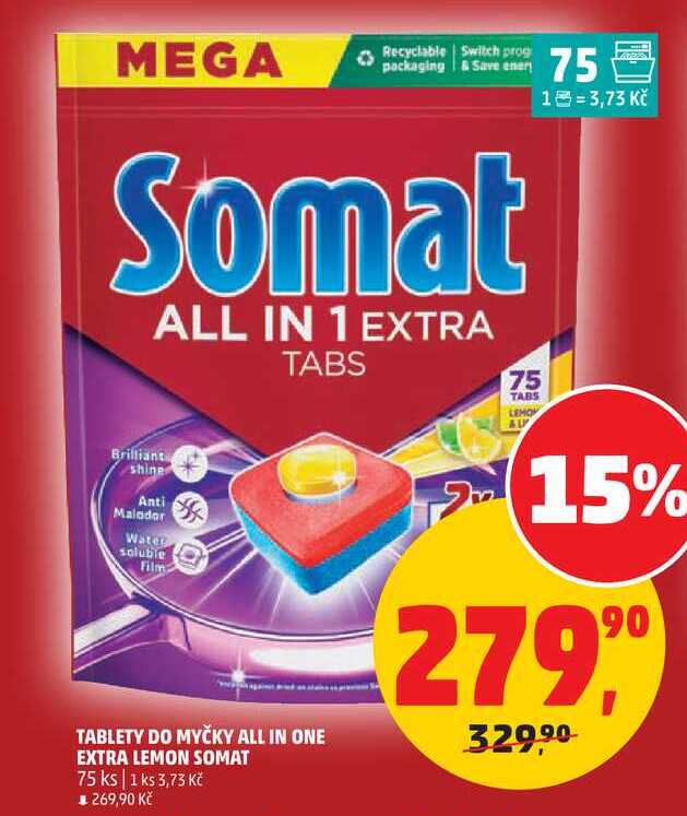 TABLETY DO MYČKY ALL IN ONE EXTRA LEMON SOMAT, 75 ks Penny Market