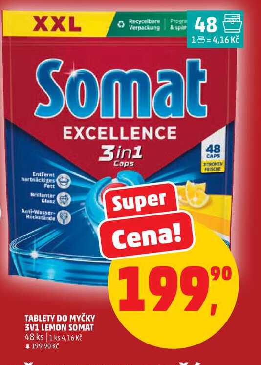 TABLETY DO MYČKY 3V1 LEMON SOMAT, 48 ks Penny Market