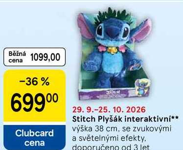 Stitch Plyšák interaktivní, výška 38 cm, se zvukovými a světelnými efekty Tesco