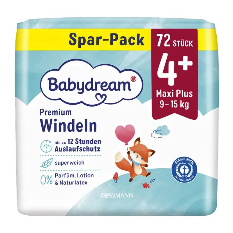 Babydream Pleny Premium Maxi Plus, 9–15 kg, vel. 4+, Jumbo-Pack, 72 ks ROSSMANN