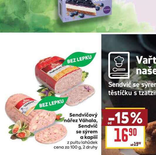 Sendvičový nářez Váhala, Sendvič se sýrem a kapiíí z pultu lahůdek cena za 100 g